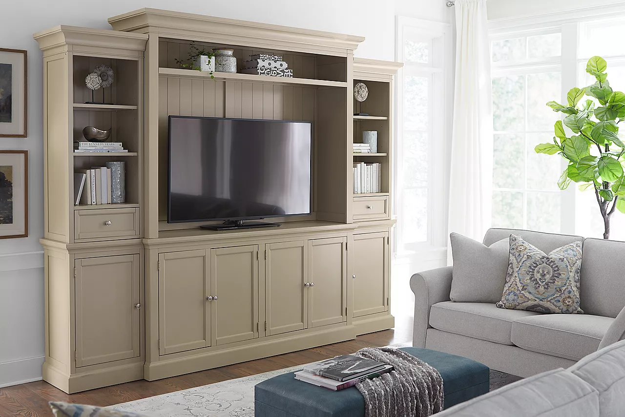 Arlington Entertainment Wall in Taupe in a room scene.
